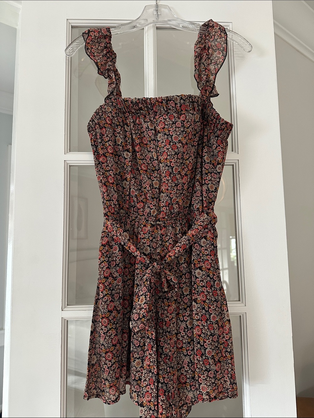 Floral Ruffle Strap Romper - Black Floral with back tie detail